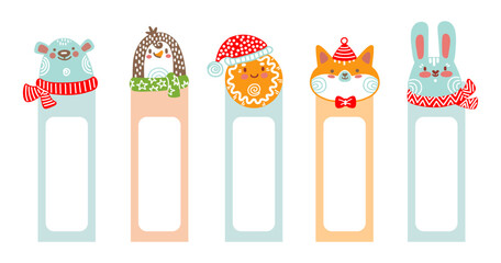 Set of bookmarks with cute Christmas characters vector - obrazy, fototapety, plakaty