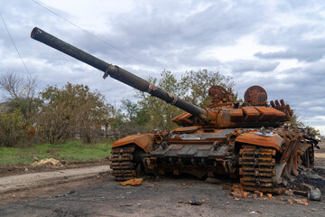 War in Ukraine. 2022 Russian invasion of Ukraine. Countryside. After the battle. Destroyed burnt...
