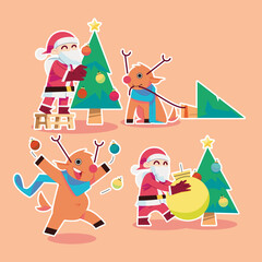 Santa Claus and his Deer are decorating the Christmas tree in flat design