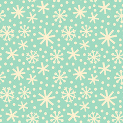 Pastel blue snowflakes and confetti Christmas seamless pattern. Falling snow winter holiday vintage background.