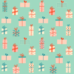 Pastel blue Christmas gift boxes seamless pattern. Cream, pink, red on pastel blue winter holiday gift wrap paper.