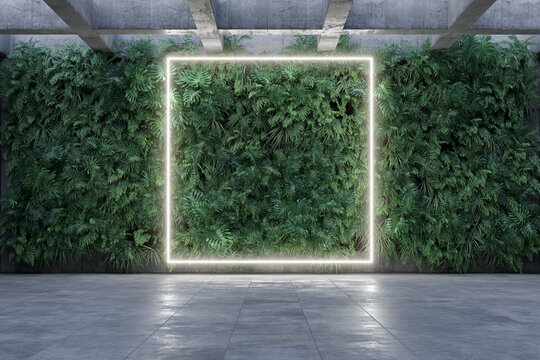 Vertical garden wall  with square neon lights