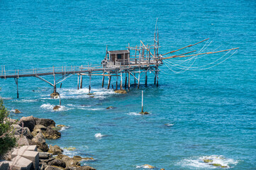 High angle view of the Trabocco Turchino with a clear blue sea - obrazy, fototapety, plakaty