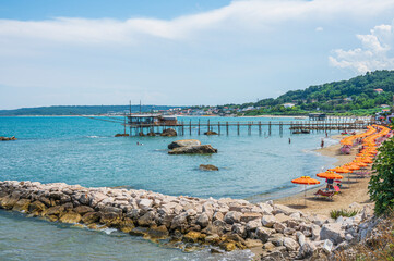 High angle view of beautiful Trabocchi in the beaco of the Abruzzo coast