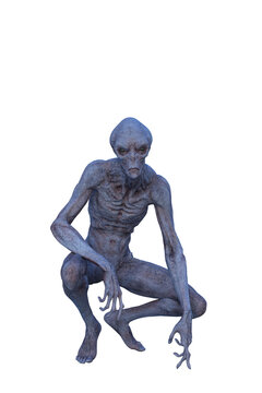 3D illustration of a blue grey skinned alien creature crouching.