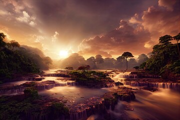 Amazone-regenwoud, tropische rivier, oerwoudlandschap met zonsondergangstemming, digitale illustratie