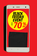 Word text black friday event up to 70% off written on yellow circle with black paper bag inside white smartphone isolated on red background. banner. copy space