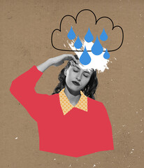 Contemporary art collage. Conceptual image. Young woman feeling sadness. Concept of retro style...