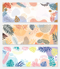 Set Design banner frame flower Spring background with beautiful. flower background for design. Colorful background with tropical plants.