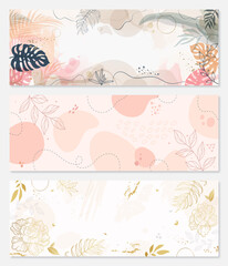 Fototapeta na wymiar Set Design banner frame flower Spring background with beautiful. flower background for design. Colorful background with tropical plants.