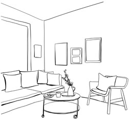 Modern living room interior illustration. Leisure place for relaxation with sofa and pillows, a coffee table, plants in a pot, shelf with books and a painting on a wall.
