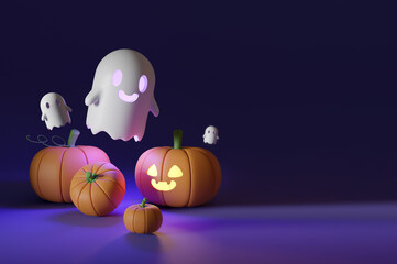 3D Rendering concept of Halloween day. Cute little ghost floating above pumpkin at night.3d illustration cartoon style.