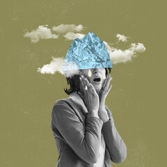 Contemporary art collage. Conceptual image. Young woman feeling sadness. Concept of retro style design, inner world, psychology, emotions and feelings