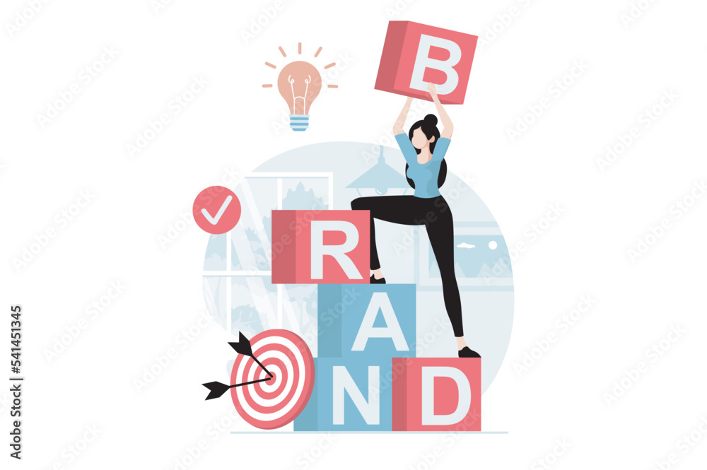 Poster branding team concept with people scene in flat design. woman generates new ideas, creating strategy