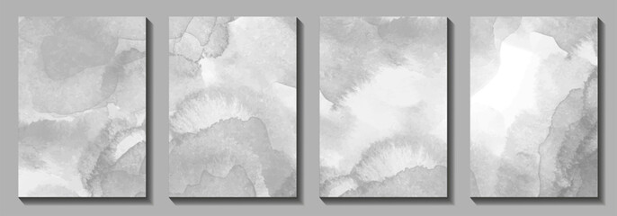 Grey vector set abstract watercolor art background for poster, cover,  flyer, invitation card. Watercolour monochrome backdrop. Hand drawn Christmas illustration. Template for new year happy wishes.
