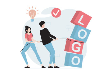 Branding team concept with people scene in flat design. Man and woman creating new logo and identity for company, developing company personality. Vector illustration with character situation for web