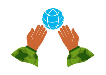 Hand in camouflage holds a globe of the globe. A symbol of care and protection. Symbol of life