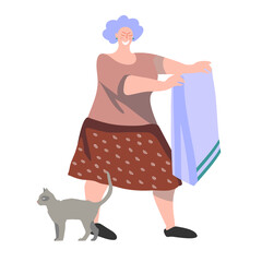 A beautiful gray-haired hostess with a cat is holding a towel in her hands. Vector illustration on the theme of home life