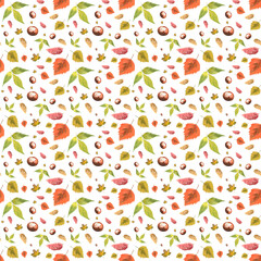 seamless watercolour pattern with autumn leaves and chestnuts on white background, perfect for autumn decoration, wallpaper, wrappers, postcards. 