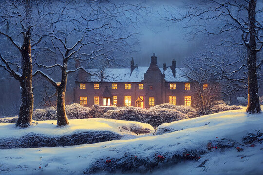 christmas winter outdoor scene, christmas decoration on  snowy house