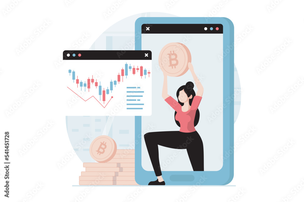 Poster cryptocurrency marketplace concept with people scene in flat design. woman analyzing data on exchang