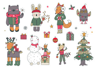 Collection of vector hand drawn Christmas funny animals.