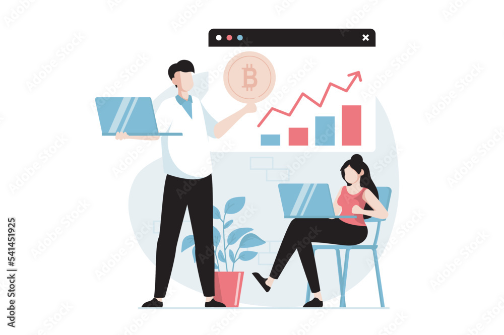 Aufkleber cryptocurrency marketplace concept with people scene in flat design. woman and woman analyzing data 