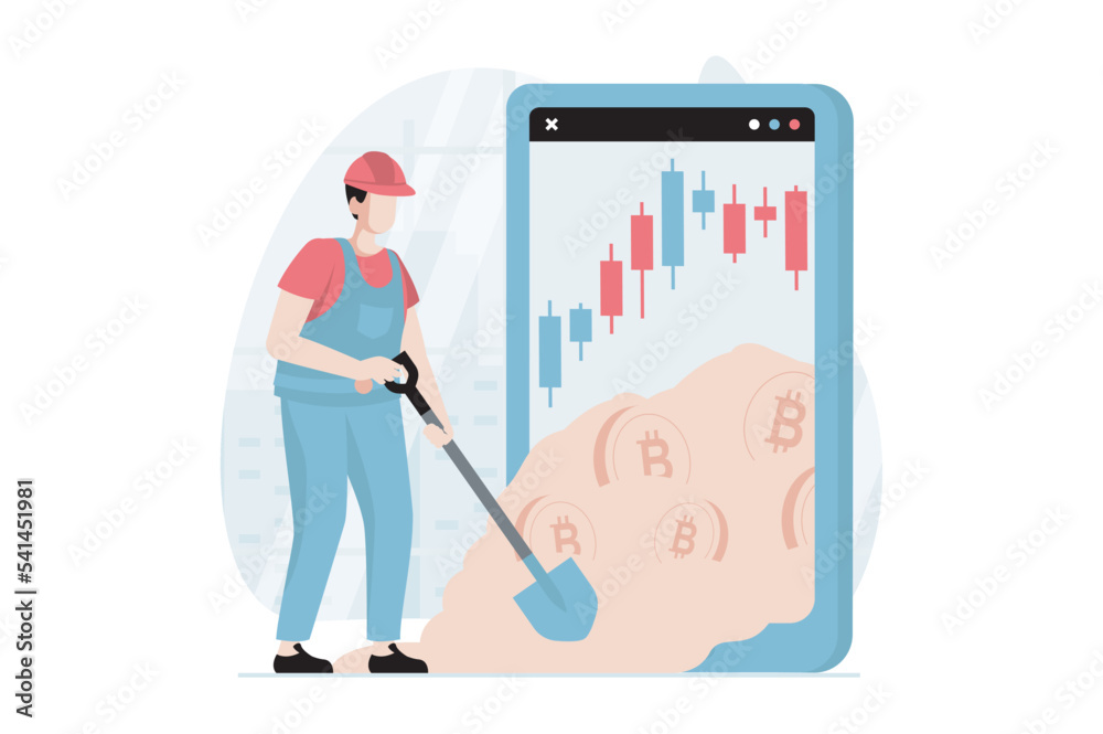 Poster Cryptocurrency mining concept with people scene in flat design. Man miner with shovel mines bitcoin coins and studies market data in application. Vector illustration with character situation for web