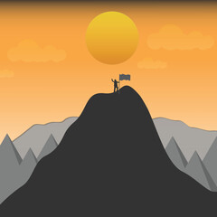 Man with flag on the top of mountain successful concept,Man victory on the mountain vector