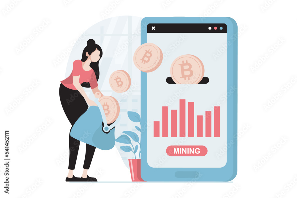 Poster cryptocurrency mining concept with people scene in flat design. woman mines bitcoins for sale on mar