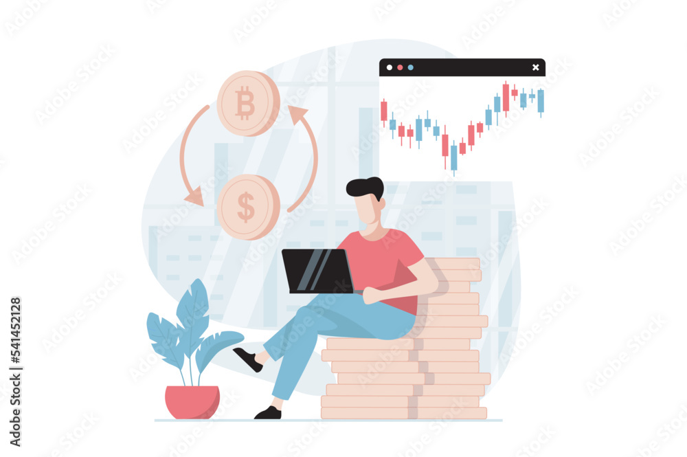 Poster cryptocurrency mining concept with people scene in flat design. man sells bitcoins on crypto exchang