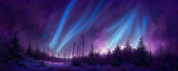 Fantasy winter landscape with northern light as christmas wallpaper background