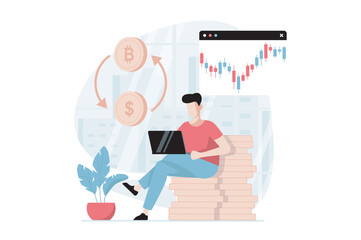 Cryptocurrency mining concept with people scene in flat design. Man sells bitcoins on crypto exchange and receives money for financial account. Vector illustration with character situation for web