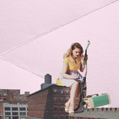 Contemporary art collage, artwork. Colorful design with retro woman in vintage city. Concept of creativity, surrealism, imagination, abstract vacation, trendy urban magazine style, fashion.