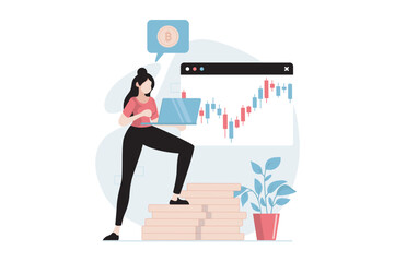 Cryptocurrency mining concept with people scene in flat design. Woman sells bitcoins on virtual exchange and analyzing crypto market trends. Vector illustration with character situation for web