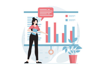 Data analysis concept with people scene in flat design. Woman researching charts and graph for prepares presentation with financial report. Vector illustration with character situation for web