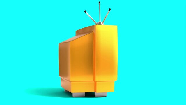 Vintage yellow TV receiver with green screen isolated on blue background - 3D 4k animation (3840x2160 px).