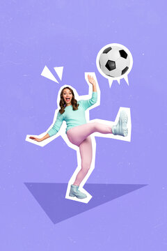 Vertical creative photo collage illustration of funny funky cheerful impressed girl punching ball isolated on violet color background