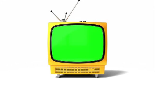 Vintage yellow TV receiver with green screen isolated on white background - 3D 4k animation (3840x2160 px).