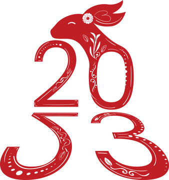 Chinese 2023 New Year Numeric. Zodiac Red Rabbit with White Floral Ornament
