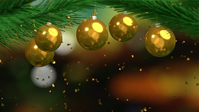 New Year or Christmas celebration video, happy holidays congratulation animation card. Christmas balls hanging from pine tree, golden confetti falling on background