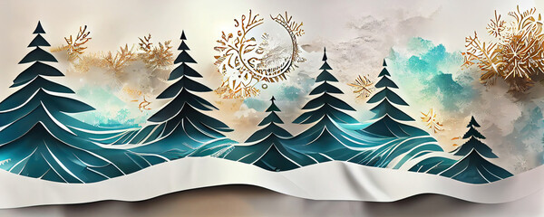Winter landscape with snow and pine woods as christmas wallpaper