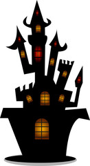 Halloween witch house haunted in horror night spooky icon. Halloween black castle with red windows on white background, vector illustration