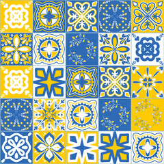 Vector pattern square ceramic tiles in Portuguese Azulejo style, contrast blue yellow vector illustration