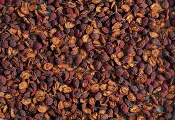 Background of dried hawthorn berries. Medicinal berries, fruits and plants are used in alternative...