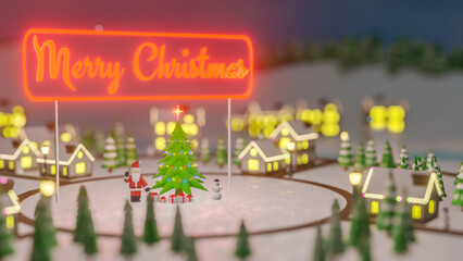 christmas landscape. New Year's village with a Christmas tree in the center. 3d render illustration