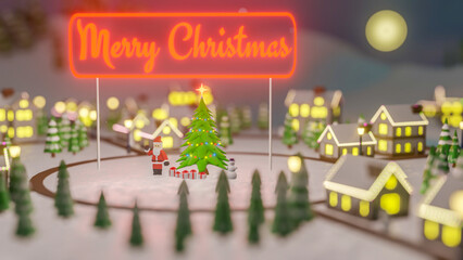 christmas landscape. New Year's village with a Christmas tree in the center. 3d render illustration