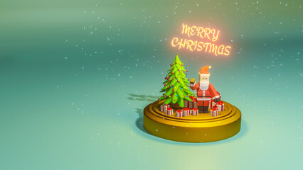 New Year's 3D composition inside a glass sphere. stylized santa model waving. 3d render illustration