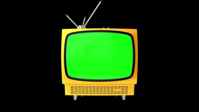 Vintage yellow TV receiver with green screen isolated on black background - 3D 4k animation (3840x2160 px).