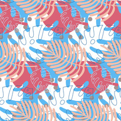 Blue pink white seamless pattern, monstera palm leaf tropical pattern for design